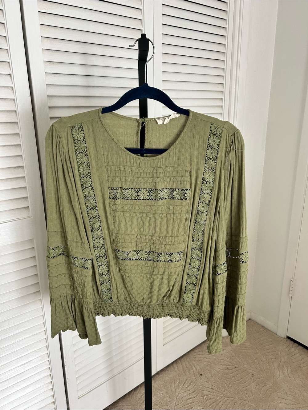 Boho Lace-Trim Olive Green Women's Top